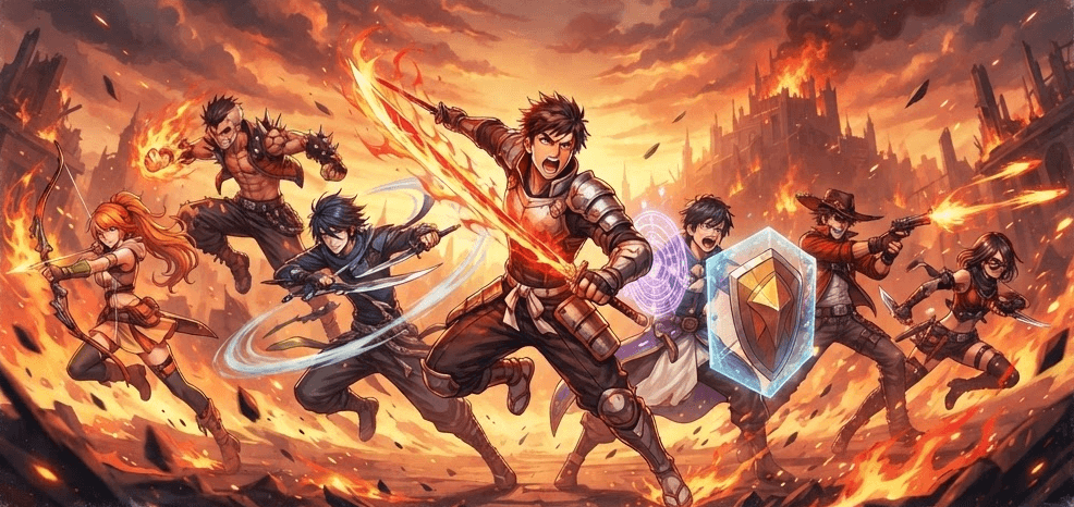 A party of anime heroes charging through a burning battlefield