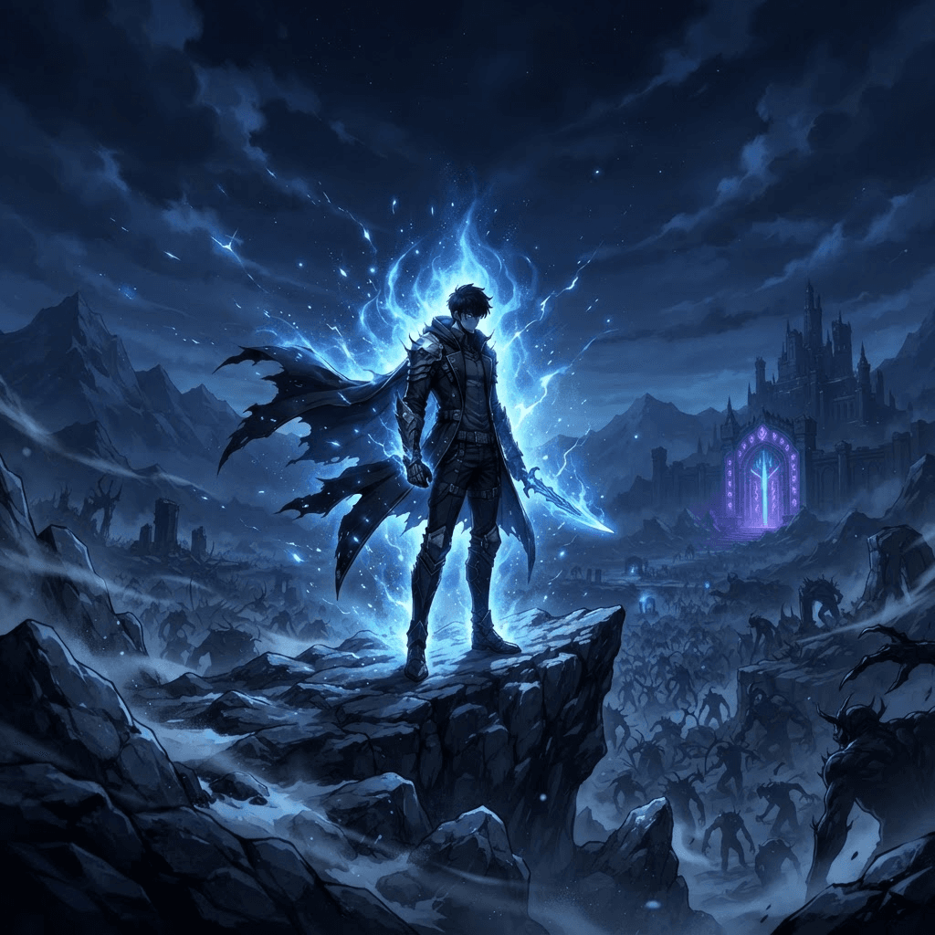 A hunter wreathed in blue flame on a cliff above a monster horde