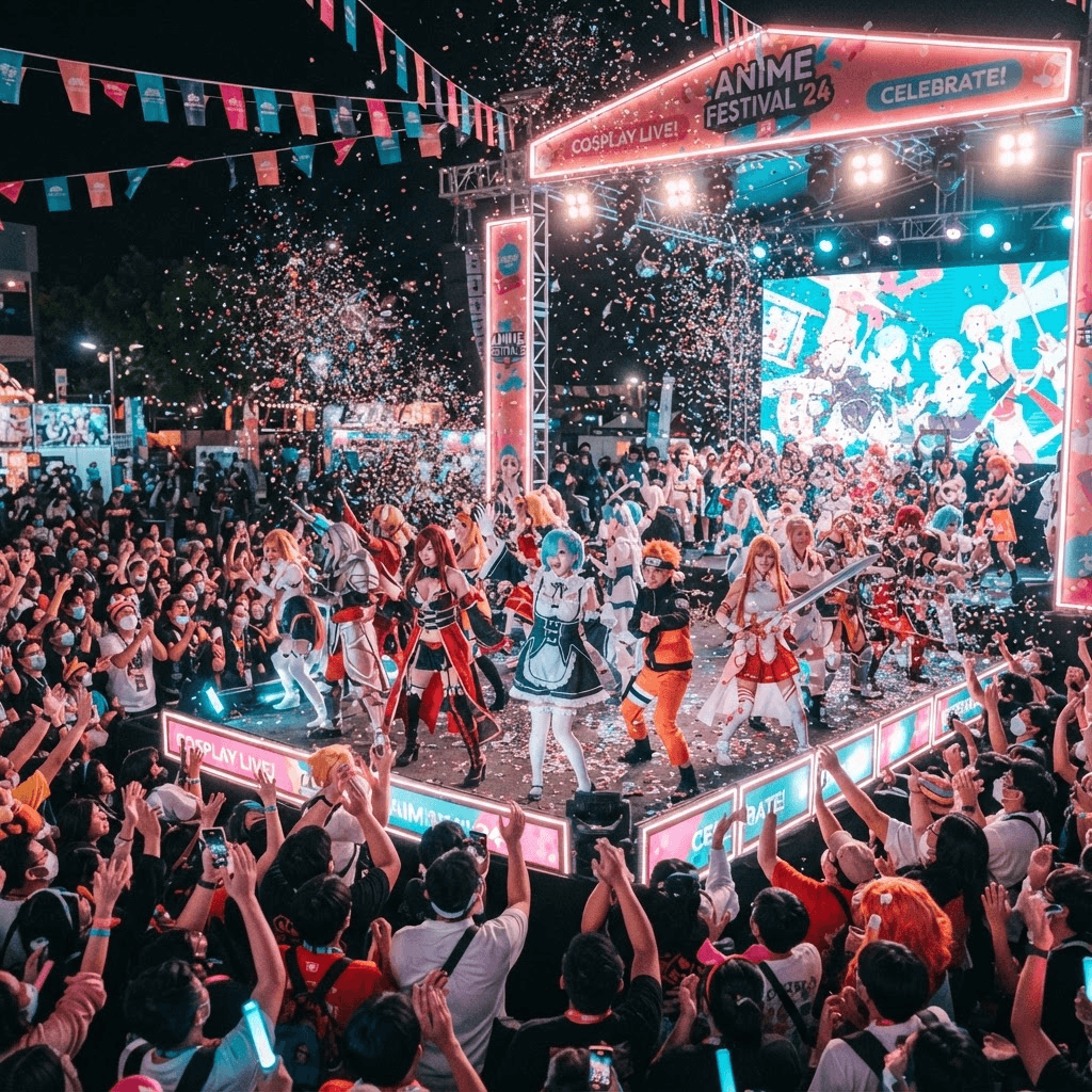 Cosplayers on stage at an anime convention